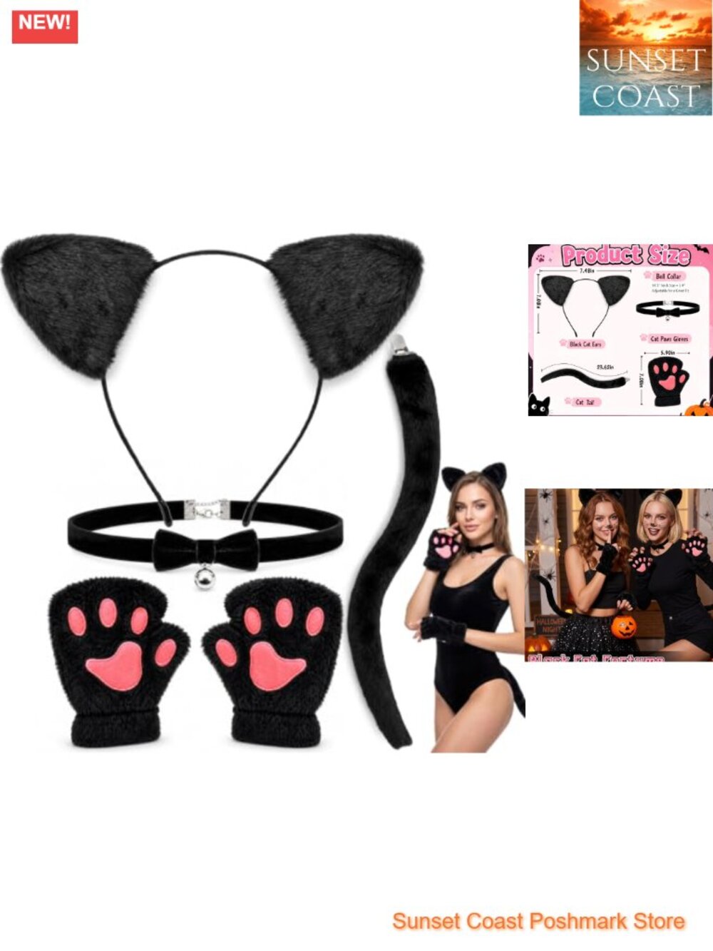 Cat Costume Set Women 4 Pc Ears Headband Tail Bell Choker Gloves Halloween